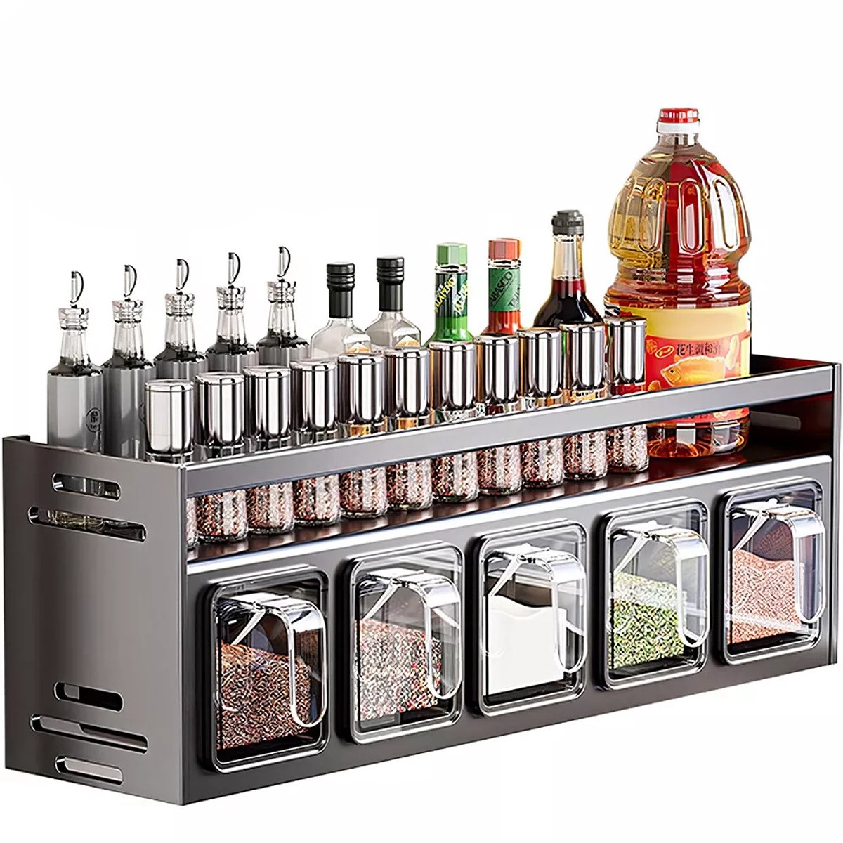 Keuken kruidenrek - Dubbellaags, 5 vakken - Kruidenrek - Wandmontage kruidenrek - Multifunctioneel opbergrek - 43,5 x 11,7 x 10,5 cm - Ruimtevaartaluminium + ABS - Geen boren nodig - Opbergrek voor thuis - Gunmetalgrijs