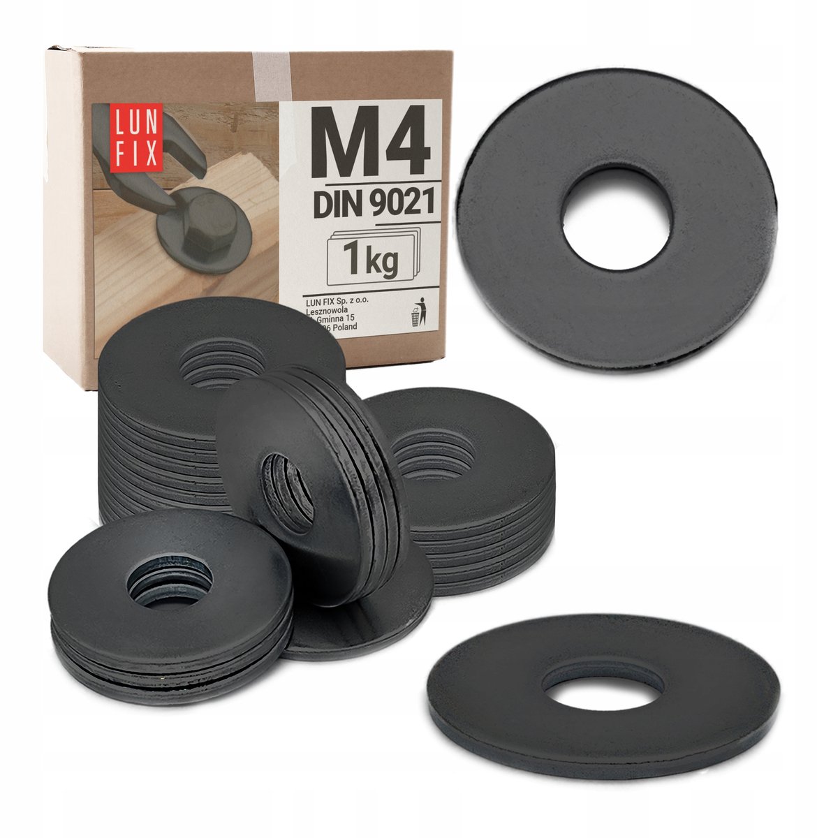 LUN FIX - Vergrote sluitring M4 Zwart verzinkt DIN 9021 - 1 kg