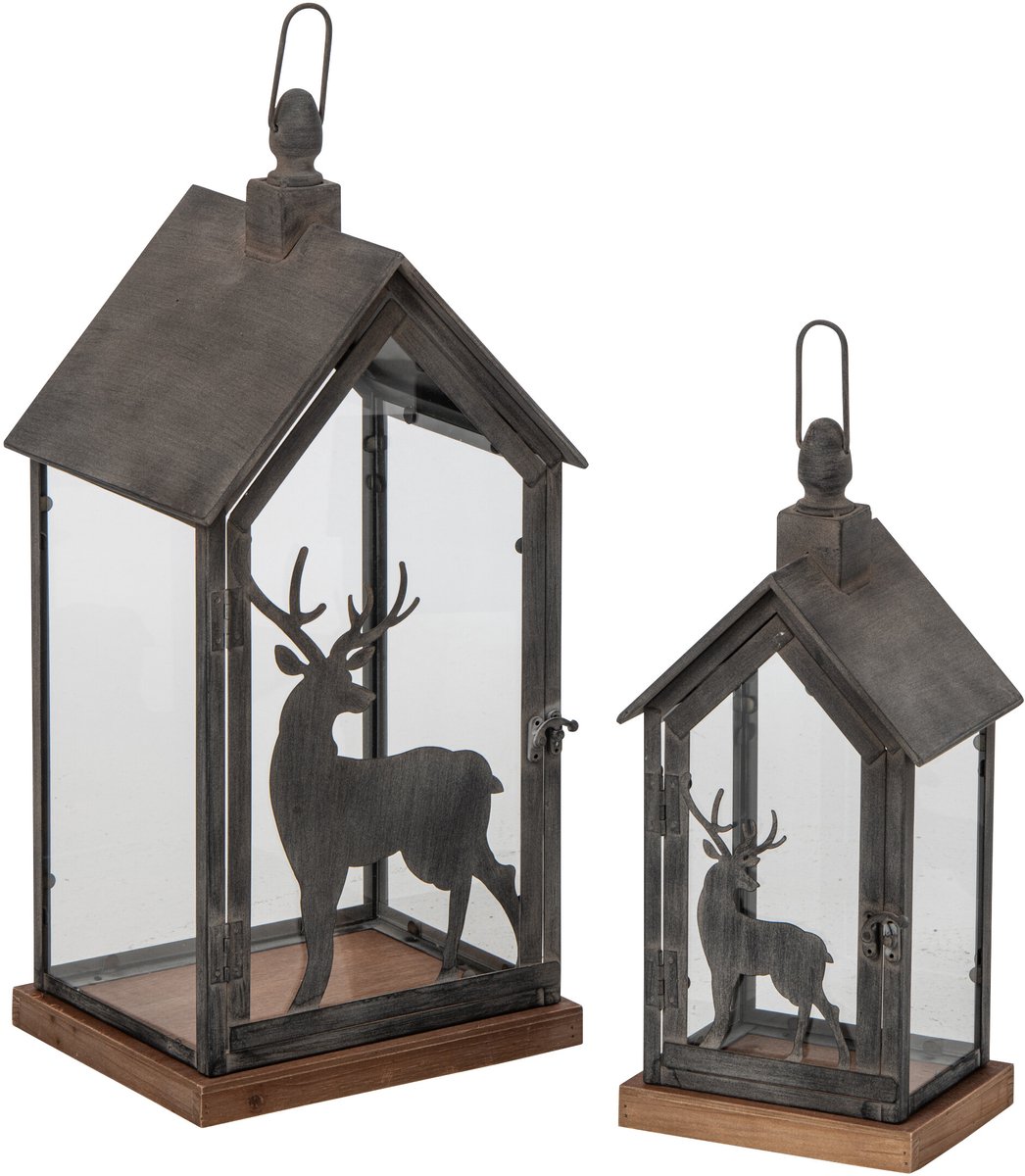 J-Line Lantaarns - metaal - bruin - set van 2