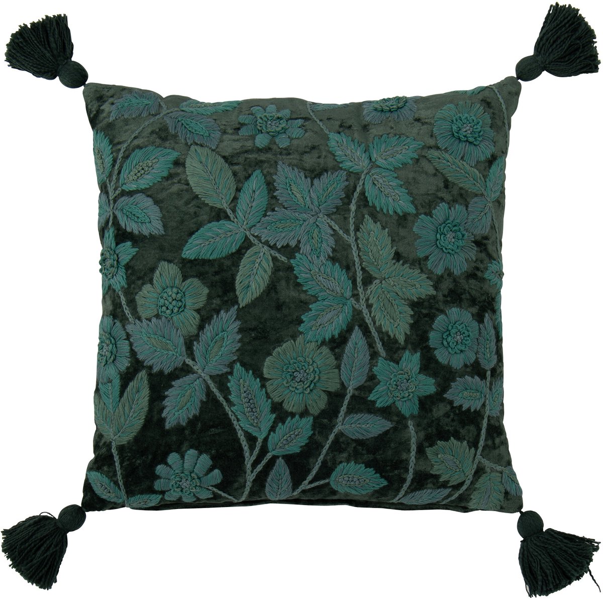 J-Line kussen Bladeren Vierkant - viscose - donkergroen/turquoise