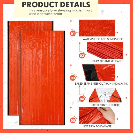 Noodslaapzak Set - Survival Tas Bivvy - Kamperen Outdoor - Lichtgewicht Draagbaar - 210 x 90 cm - Oranje Zwart — afbeelding 4