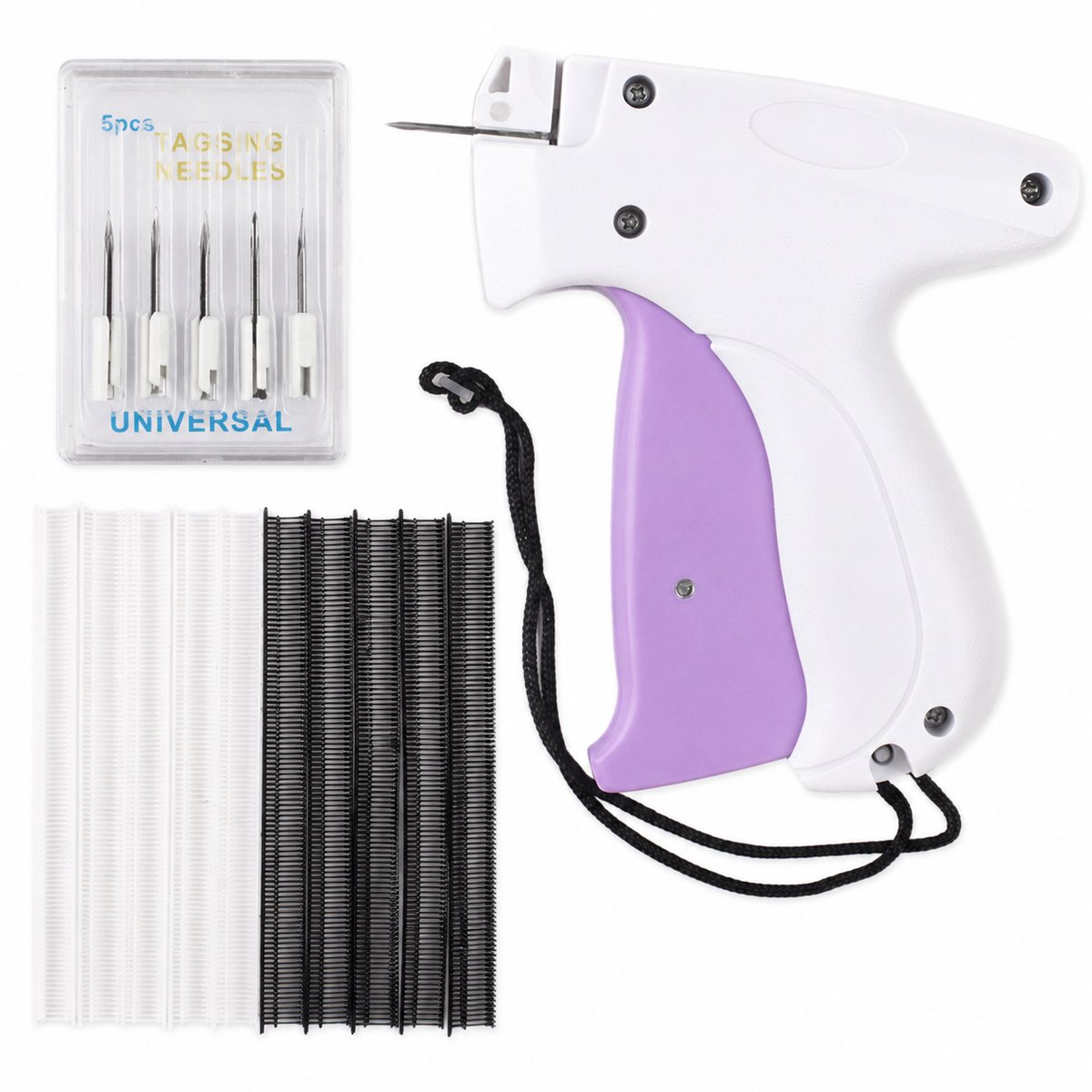 Kledingreparatiepistool — Handgereedschap en Snelgereedschap voor kledingreparatie — Draagbaar mini-naaigereedschap — Kledinglabelpistool — Wit en paars (inclusief 5 naalden + 5 mm zwarte en witte naalden met 1000 draden per stuk)