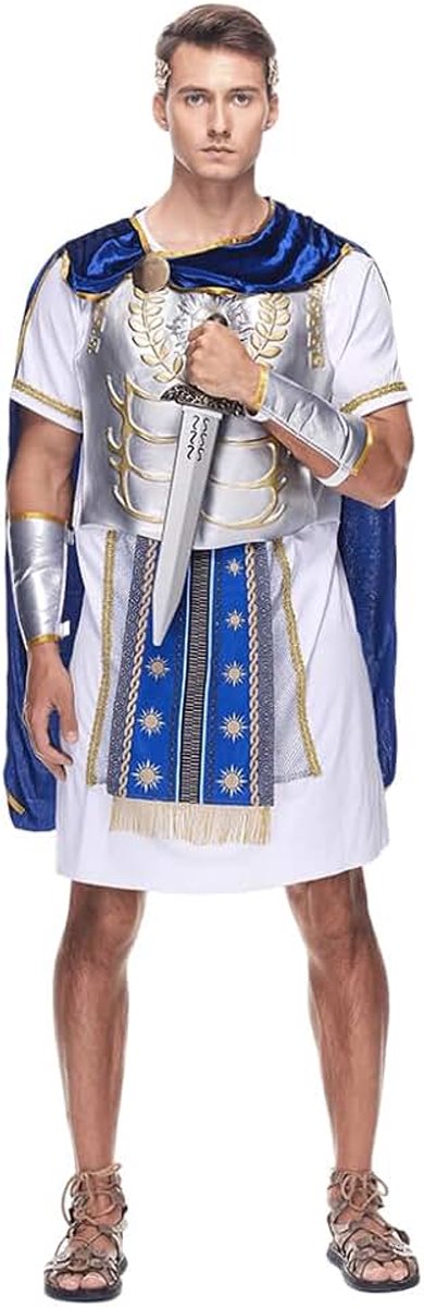 Romeinse Halloweenkostuum voor volwassenen, gladiator, keizerskostuum, wit, Romeinse toga-kostuum, tuniek met blad, kroon, hoofdtooi, gouden lauwerkrans, hoofdband