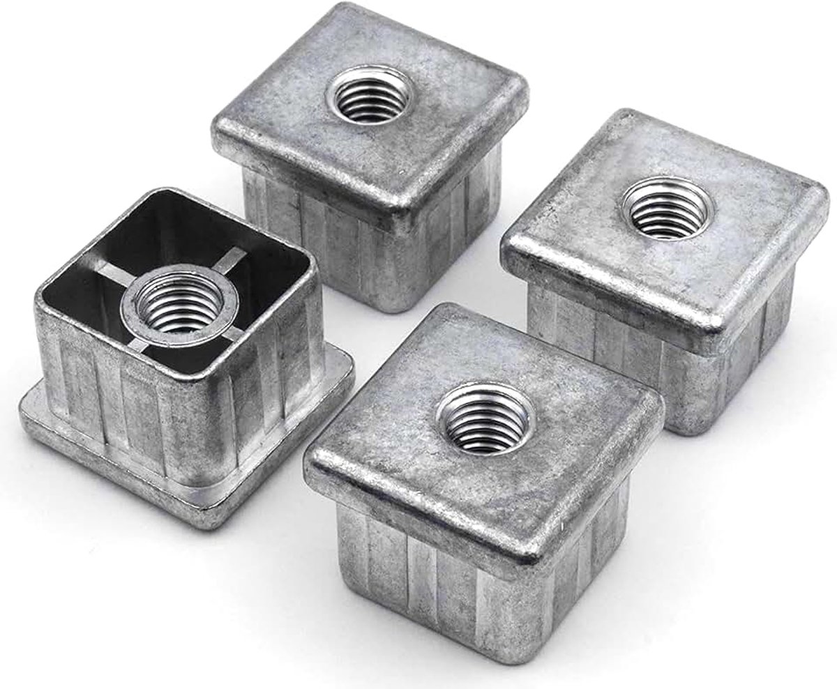4 x schroefdraadstop, afstelstoppen voor vierkante buizen van zink gegoten 40 x 40 mm x 2,5 mm met M10 binnendraad