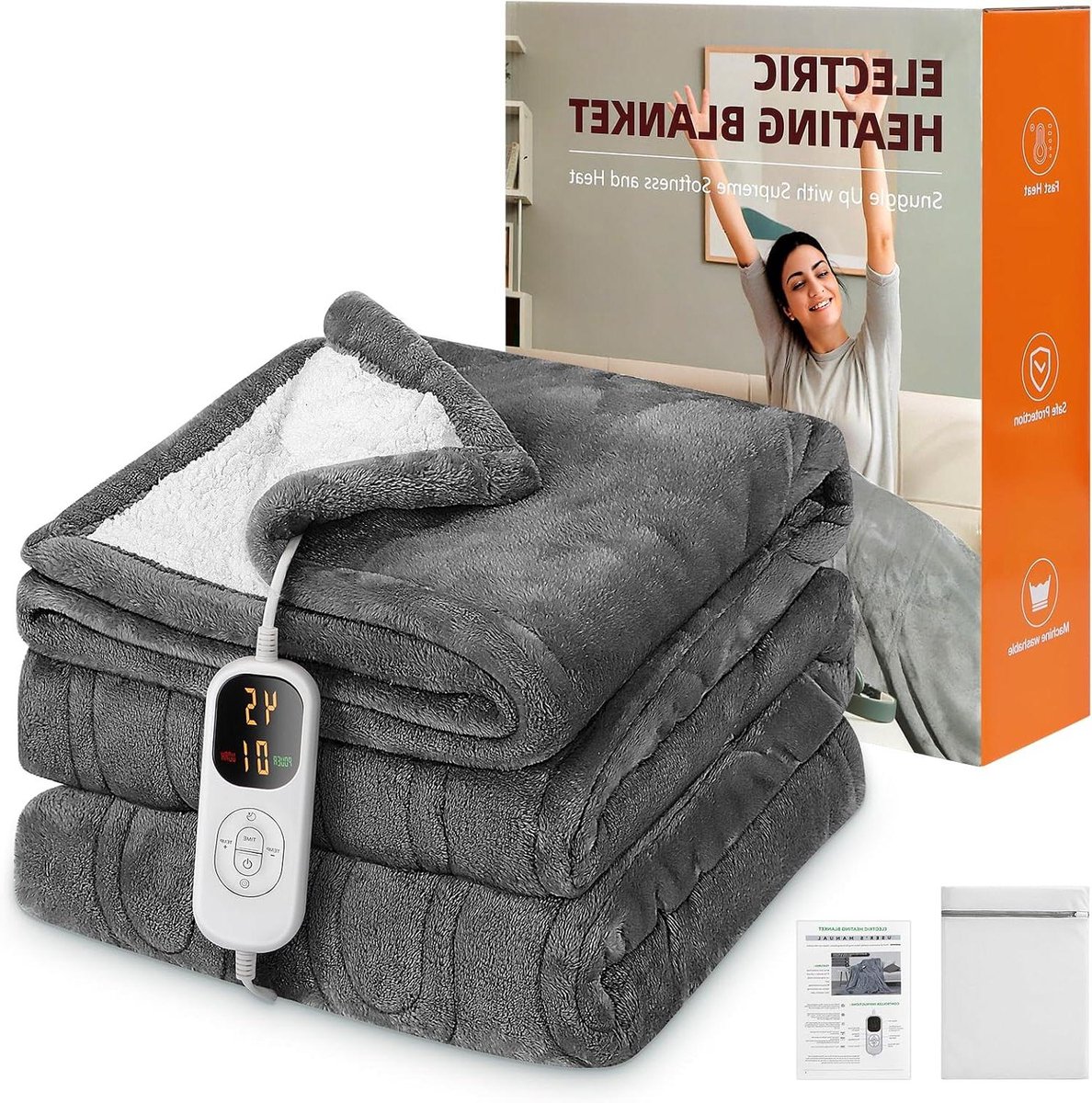 Elektrische deken - Warmtedeken - Comfort verhogen - Dubbelzijdig flanel - 130 x 180 cm - Donkergrijs
