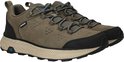 Twee bruine sneakers met blauwe veters, zwarte en beige zolen en 'WATERPROOF' logo.