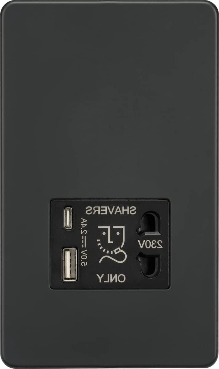 Scheerapparaat Socket - Wandcontactdoos - Badkamer Opladen - Dubbele USB Poorten - 4.3mm Profiel - Antraciet