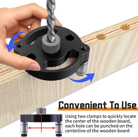 Zelfcentrerende deuvelmal kit, boorgeleider met 9 stuks boorbussen voor 2 tot 10 mm, houtbewerkingscentrum boren locator, gewrichten gereedschap voor rechte gaten, houten paneel perforator — afbeelding 3