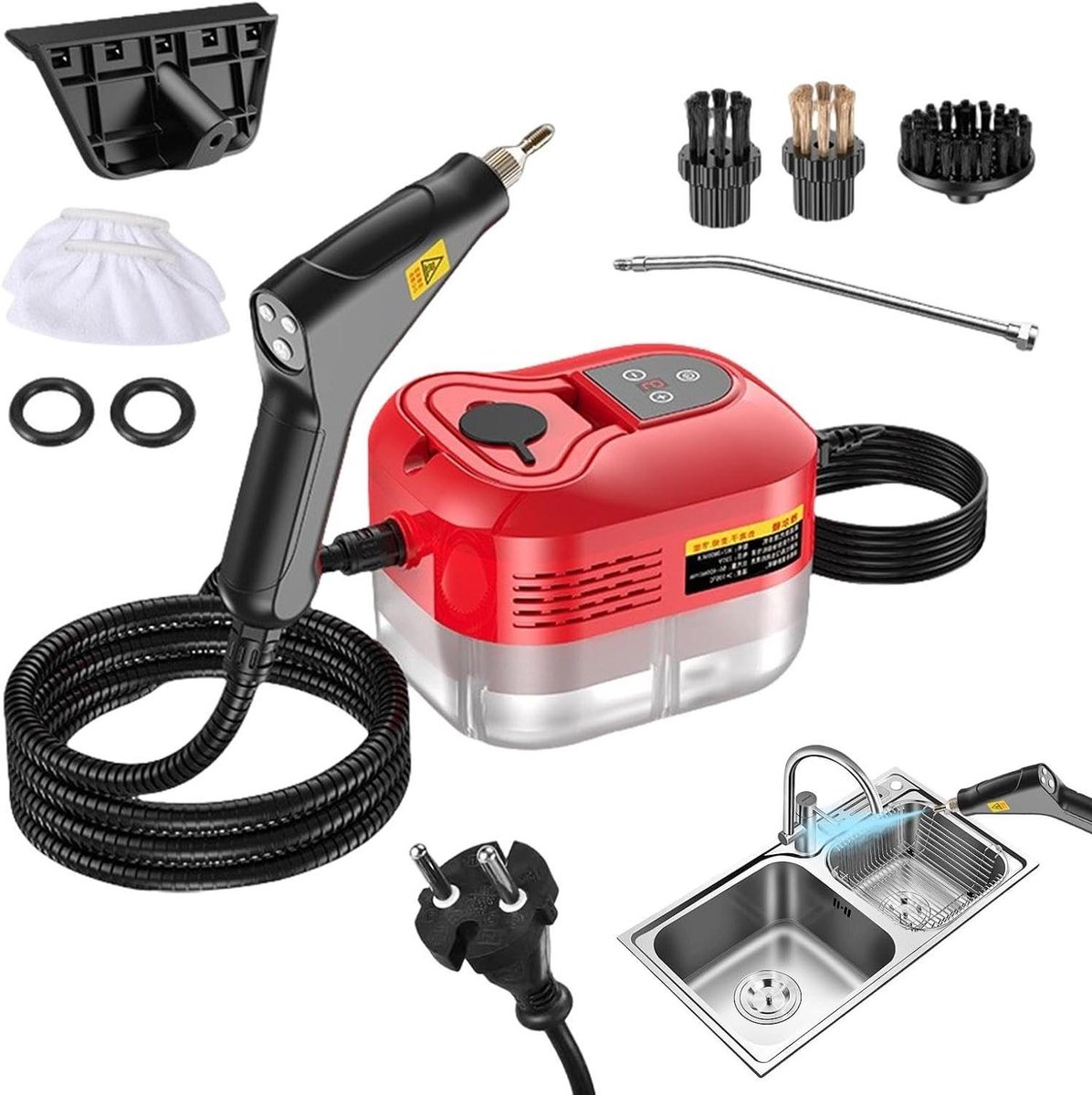 Stoomreiniger - Hoge temperatuur reiniger - Hygiënisch reinigen - 6 standen instelbaar - 2500 W - Rood