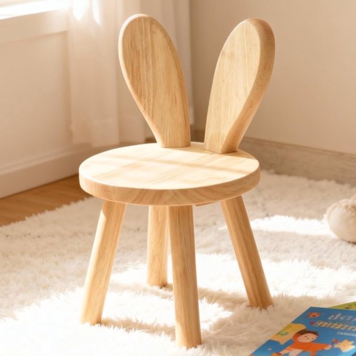 Houten Kruk met Konijnenoren, Hoogte verstelbare Kinderstoel voor Eten, Lezen en Spelen, Rond Ontwerp voor Kinderen