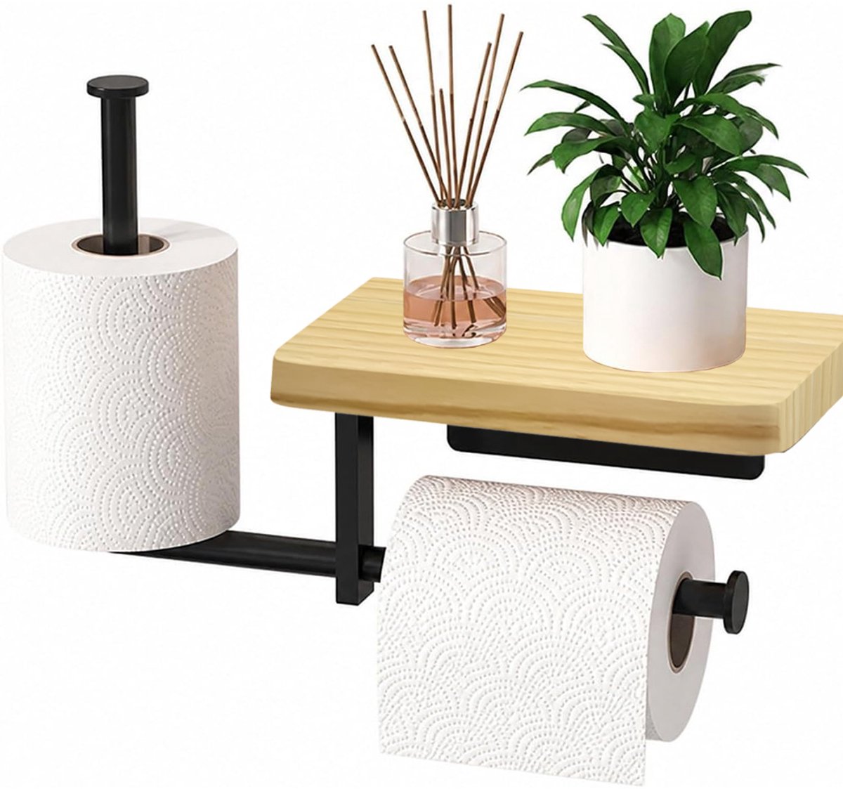 Toiletrolhouder met Plankje - Toiletrol Houder - Toiletpapierhouder - Planchet - Hout en Koolstofstaal