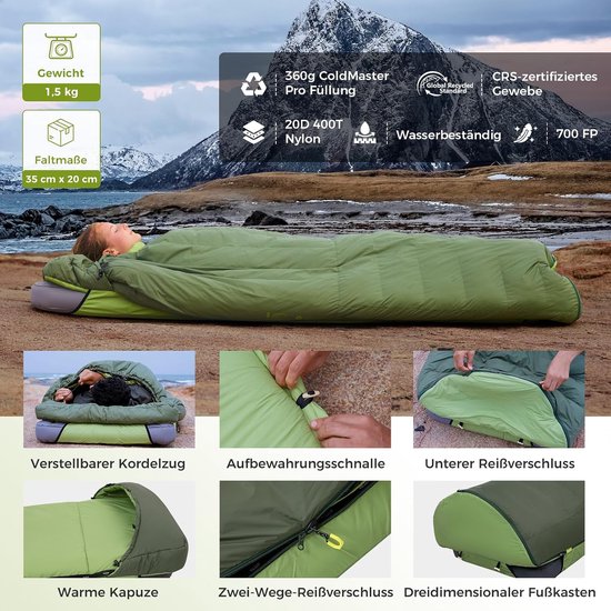 Donzen Slaapzak - Winter Slaapzak - Kamperen en Reizen - 3-in-1 Slaapsysteem - XXL 200x85 cm - Groen — afbeelding 5