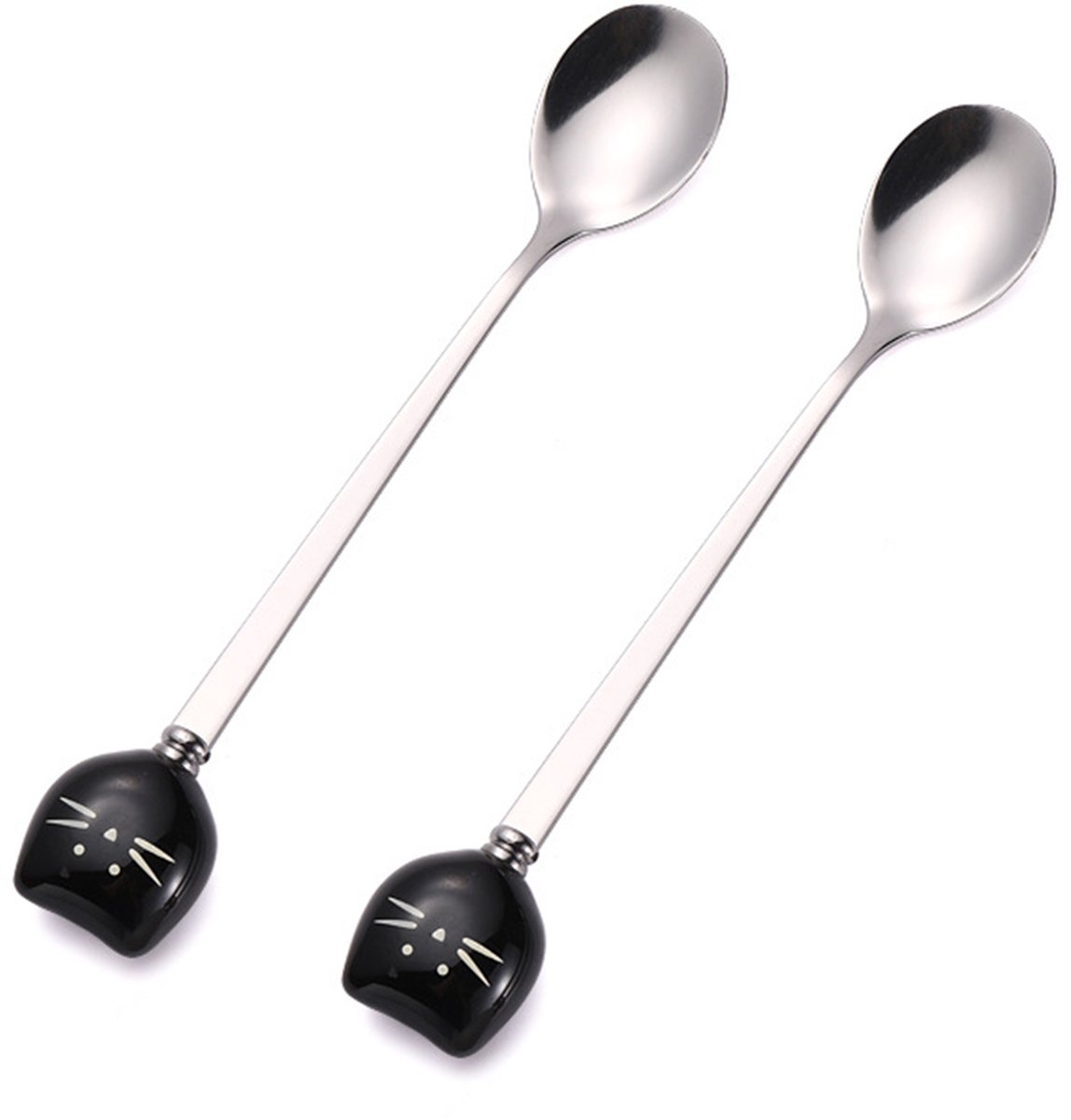 2PCS Koffielepel met lange steel- dessertlepel- keramische kattenlepel en creatieve roestvrijstalen lepel (zwart).