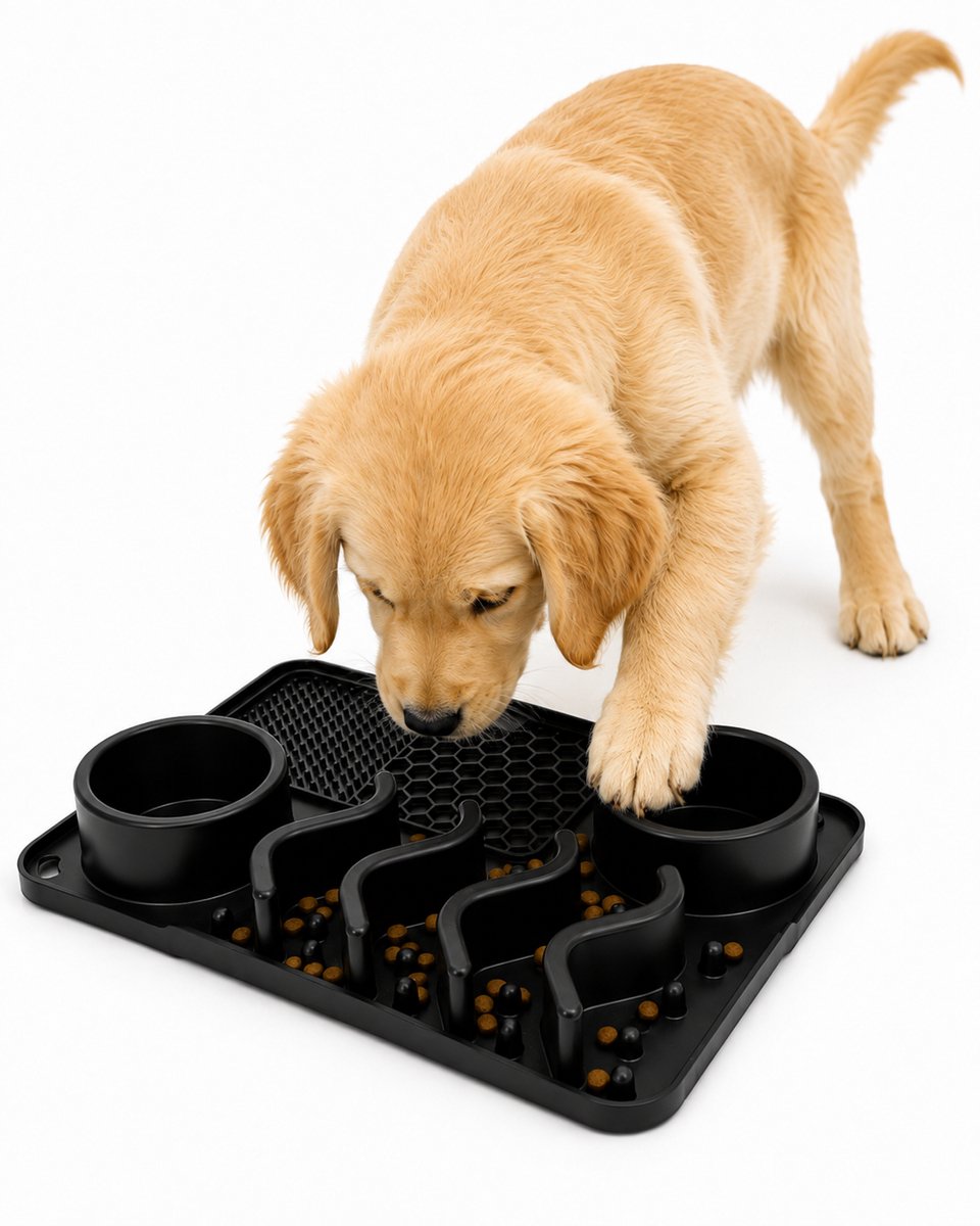 ZoeZo Likmat Hond 31 x 21 cm - Snuffelmat - Antischrokbak - Voerbak met Waterbak en Zuignappen - Anti-slip bodem - 4-in-1 - Siliconen - Zwart thumbnail 4