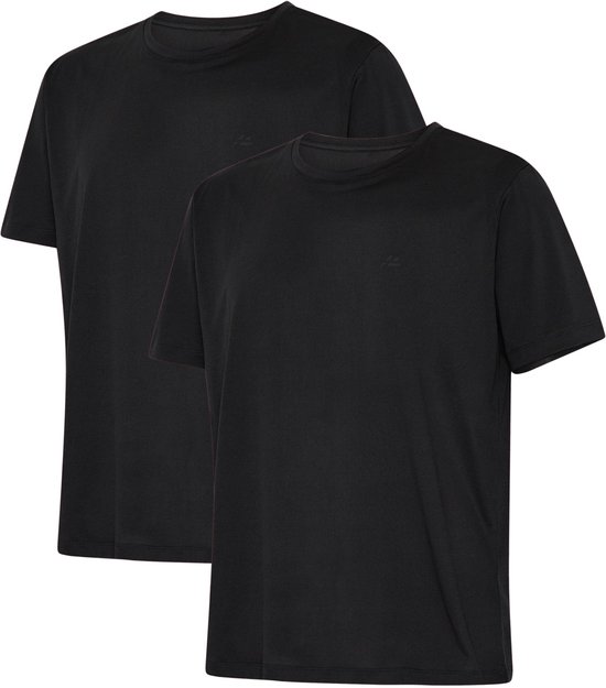 Twee zwarte sporttops met korte mouwen op een witte achtergrond.