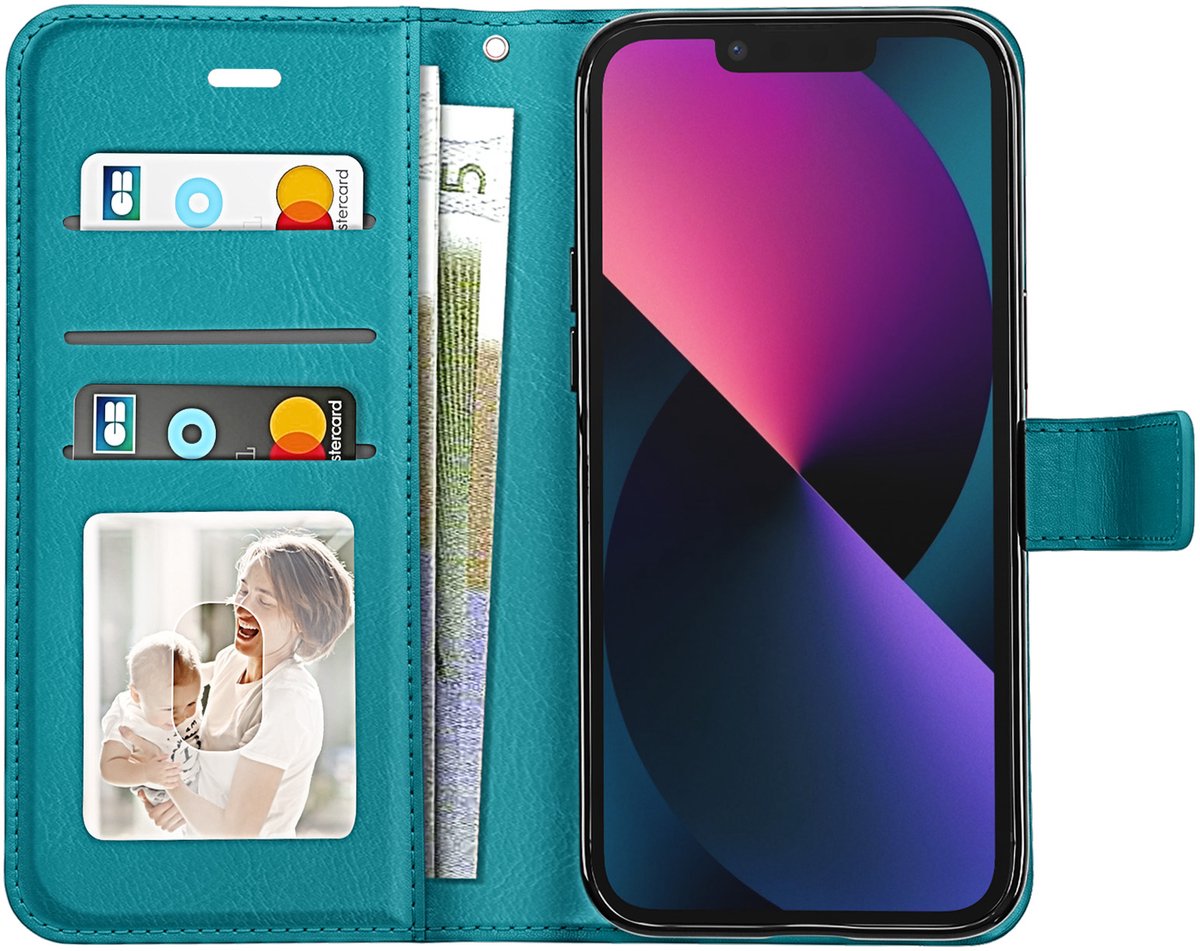 Mayaxess, Portemonnee Etui Geschikt voor Apple iPhone 13 met Standaard en Polsbandje, Turquoise