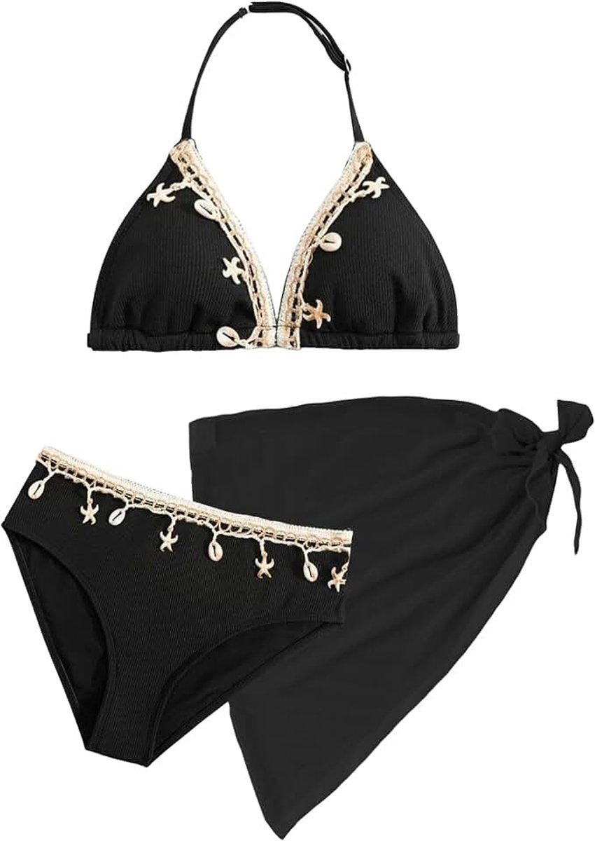 Meisjesbikiniset met netrok, 3-delig, badpak, mode, schelp, halter, bikiniset, kinderen, zomer, strand, zwembad, 8-12 jaar