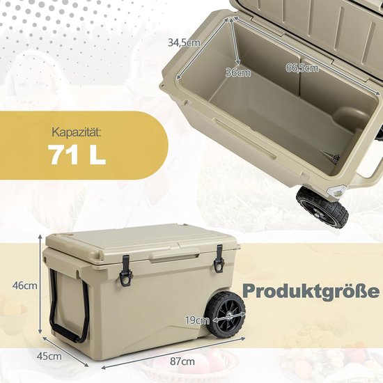 Koelbox op wielen - Thermobox draagbaar - Outdoor evenementen - 7 dagen koel - 71 liter inhoud - Kaki van Koelbox. — afbeelding 3
