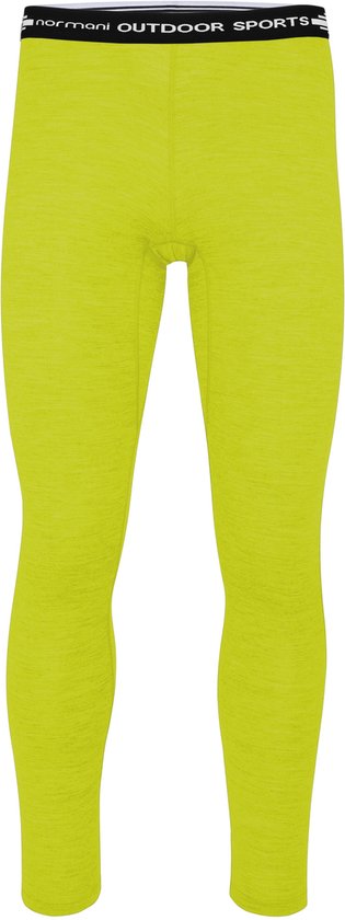 Voorkant van de felgroene thermobroek met een zwarte tailleband gemarkeerd met 'normani OUTDOOR SPORTS'.