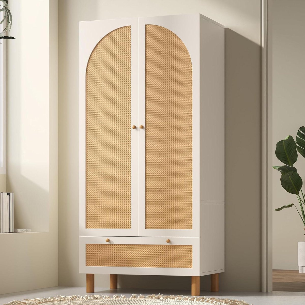 Kledingkast Landelijk - Opbergkast Met Lade - Kleding Opbergen - Met Rotan Details - 180x85x52cm - Wit