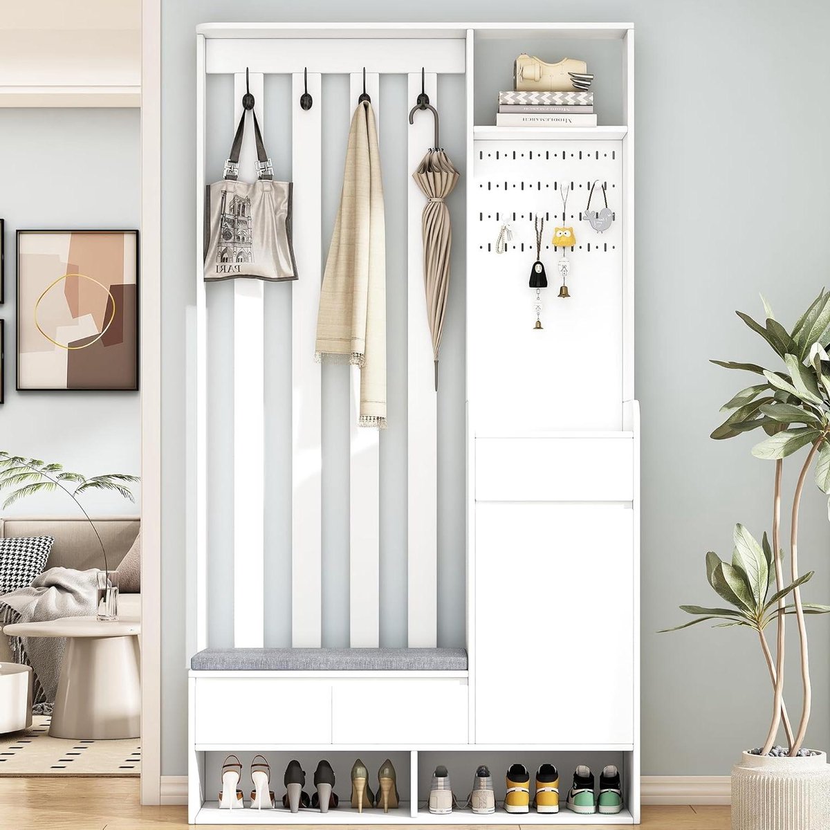 Garderobeset met bank - Halmeubel met opberg - Entree organiseren - Veelzijdig 6-in-1 design