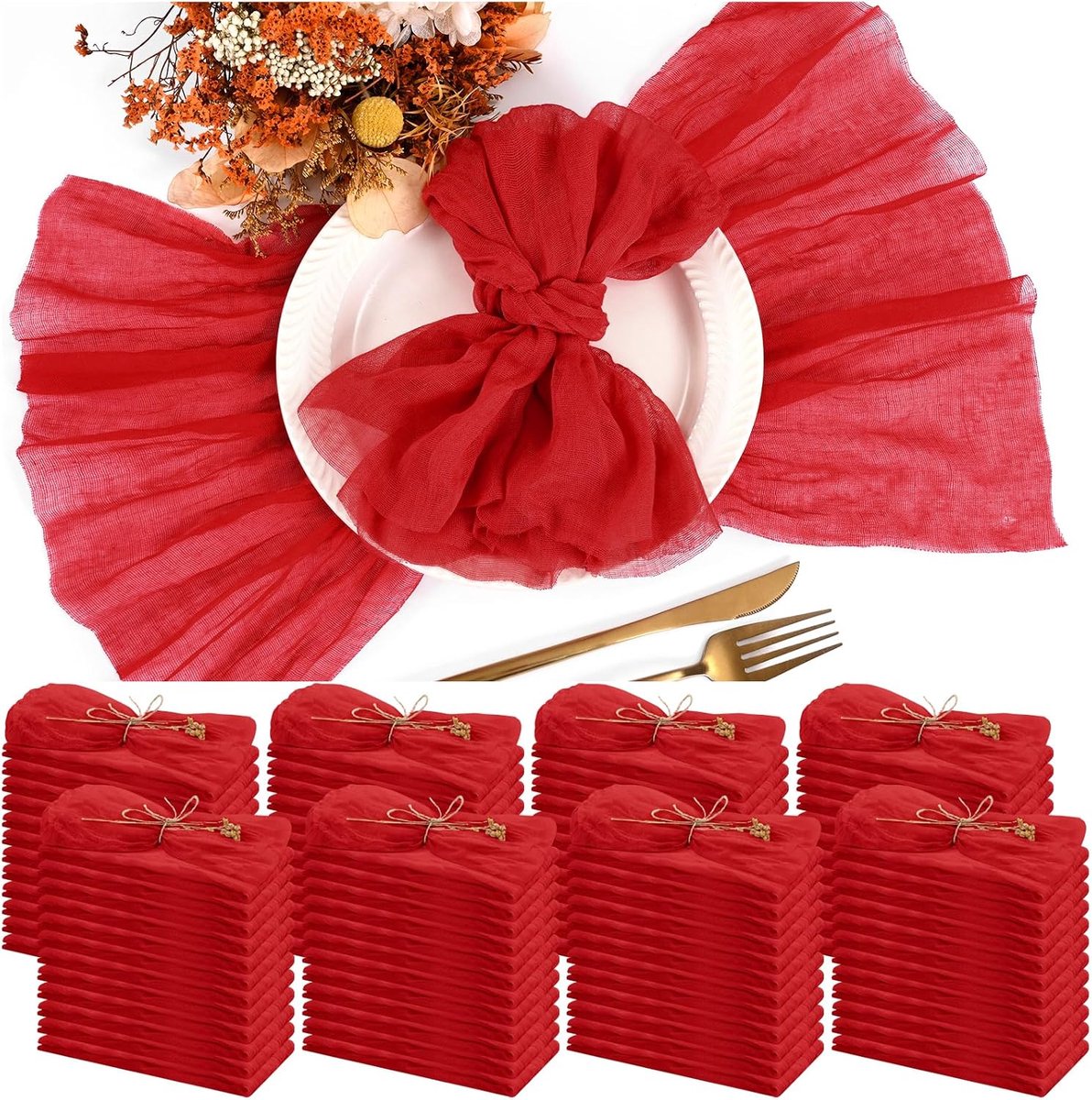 100 Stuks Rode Kaasdoek Servetten voor Diner – Gekreukte Stoffen Servetten in Bulk voor Bruiloft, Thuisfeest en Rustieke Tafeldecoratie, 17 x 17 Inch