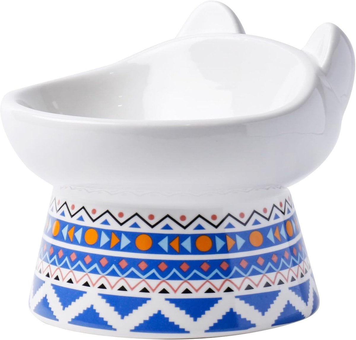 Verhoogde Kattenvoerbak – Brede Ondiepe Voerbak Kat met Hellend Design, Anti-braaksel Katten Voerbak met Standaard voor Kittens en Senioren (Boho-Patroon Blauw)​