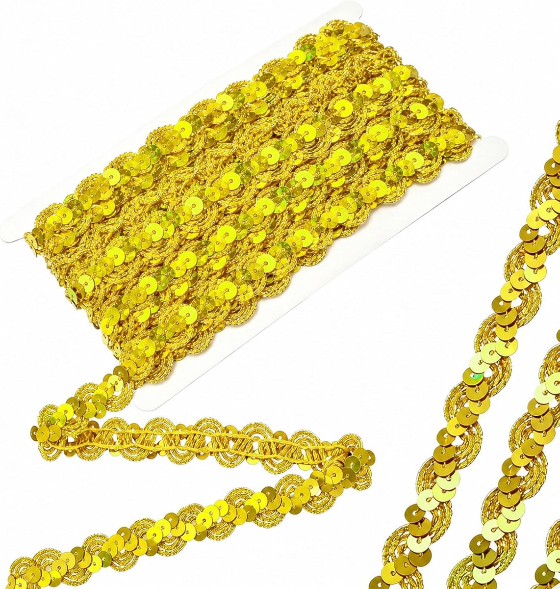 Paillettenlint, 30 m, goudkleurige paillettenband om op te naaien, golvende paillettenrand, 15 mm breed, glanzende paillettenband, decoratie, voor kleding, hoeden, doe-het-zelfprojecten
