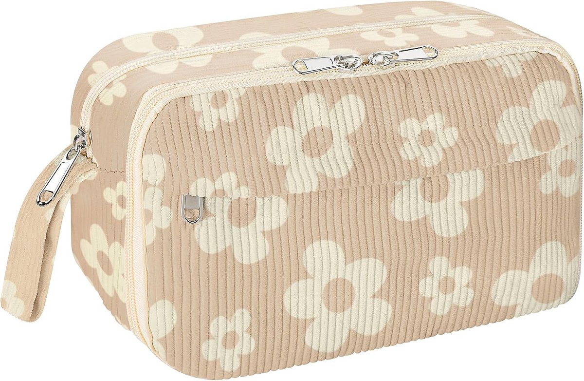 Etui van Zacht Corduroy - Groot Etui met Ritssluiting en Meerdere Vakken - Praktische Schooltas Organizer voor Pennen, Stiften en Accessoires - Bruin Bloemenpatroon