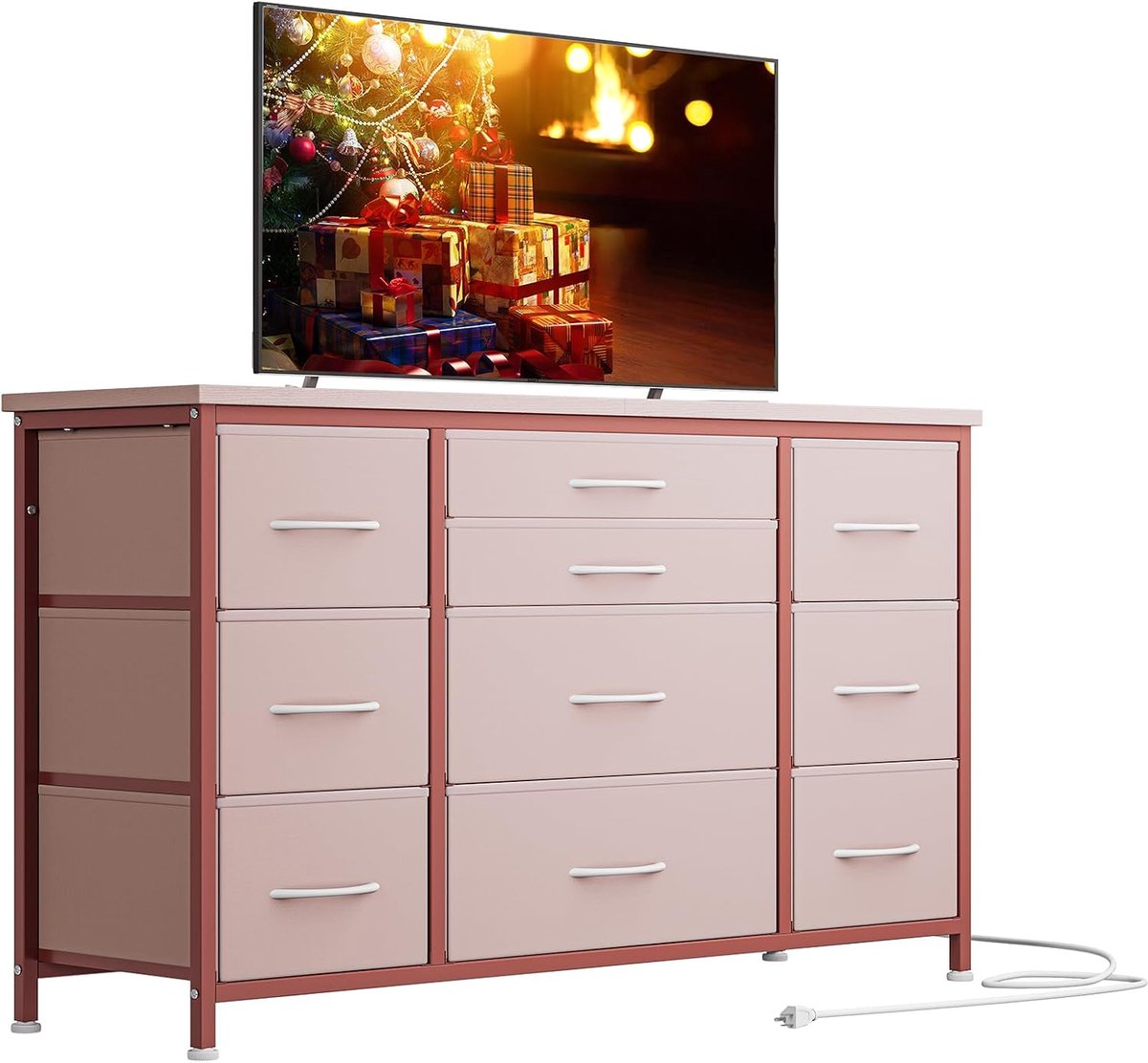 Triumpunpre - Ladekast 10 Lades stoffen kast - Opbergmeubel TV-meubel met oplaadstation - kledingkast voor kind en volwassene - 121x39x70 cm - Roze