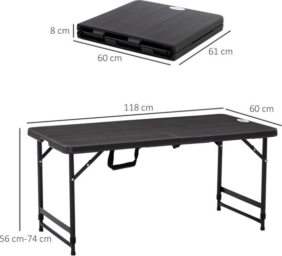 Verstelbare, opklapbare eettafel voor 4 personen – 74 cm hoog x 118 cm lang x 60 cm breed – donkergrijs — afbeelding 3