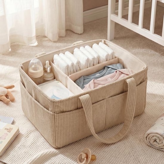 Ryoudavell - Luiermand Organizer - Commode Organizer Grote Opbergmand Baby - Baby Caddy voor Pampers en Verzorgingsproducten - Opbouwbare Corduroy Baby Mand - Kraamcadeau en Baby Shower Cadeau - Babykamer Decoratie - Beige van Ryoudavell — afbeelding 4