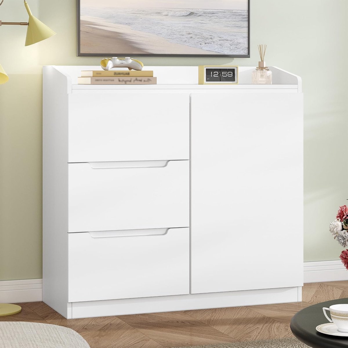 Hzuaneri Commode, Dressoir met 3 lades, Slaapkamerkast, Moderne stijl, Geschikt voor woonkamer en slaapkamer, 40 x 80 x 87 cm, Wit