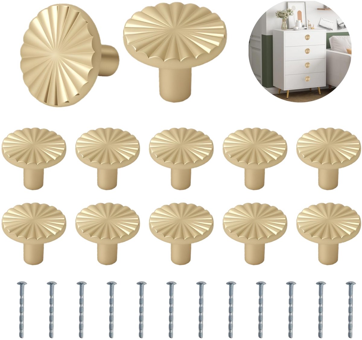 12 stuks meubelknoppen met in lengte verstelbare schroeven, ronde kastgrepen, gouden kastknoppen, vintage ladeknoppen, decoratieve knoppen voor kasten, laden, commodes en kasten