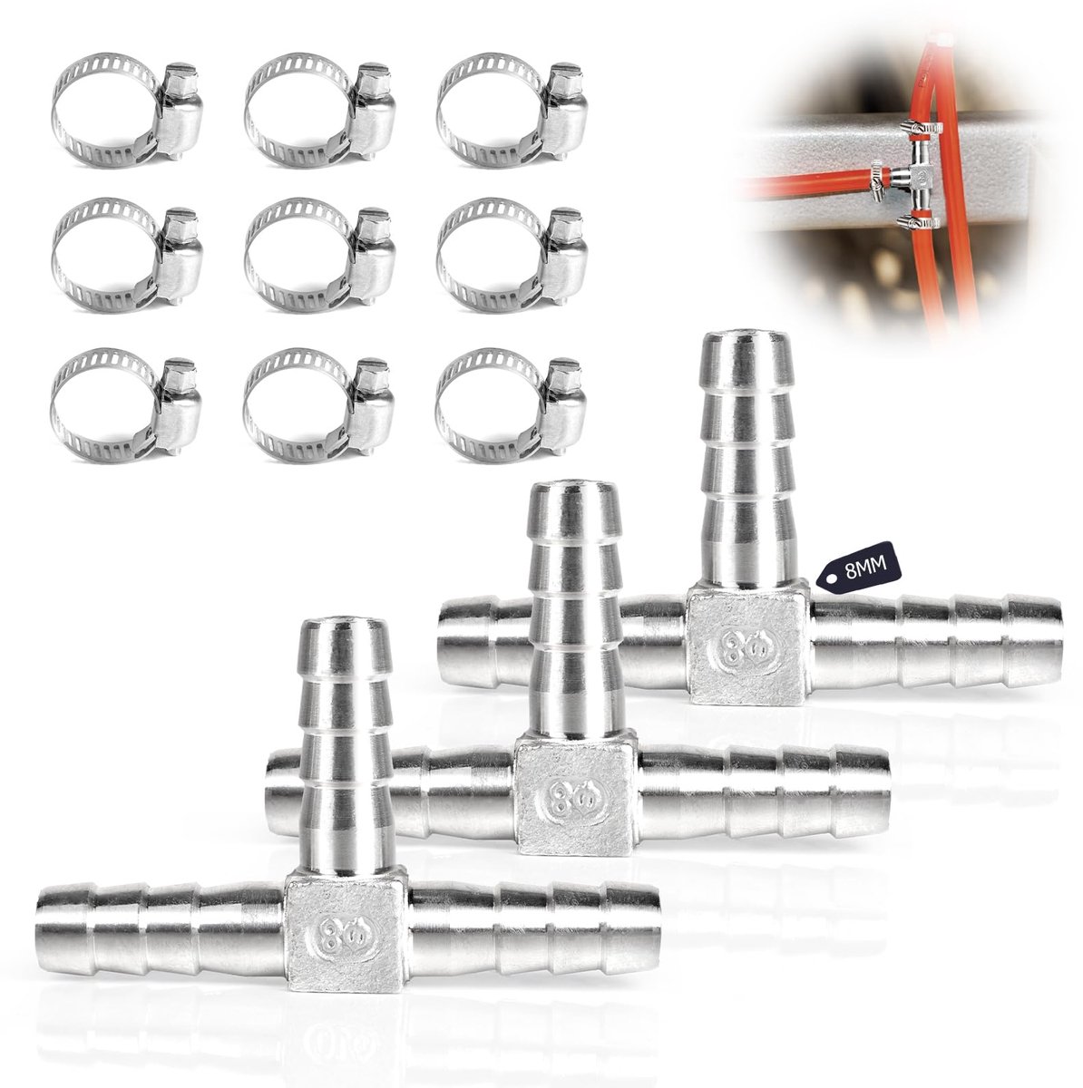 3-weg T-slangaansluiting SUS 304, slangschroefverbinding met klemmen, slangschroefverbindingen, adapter voor lucht, water, brandstof en gas (8 mm, set van 3)