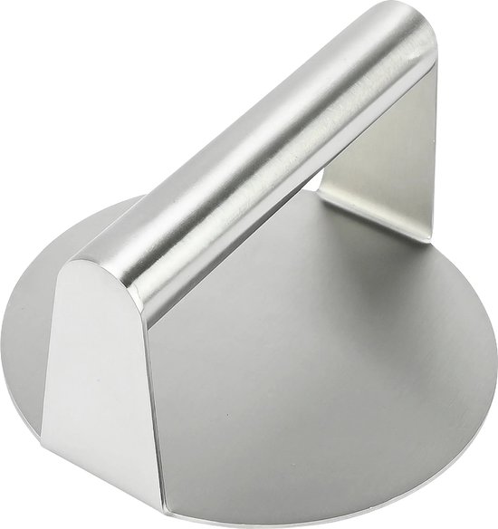 RVS hamburgerpers met een platte ronde bodem en een gebogen handvat.
