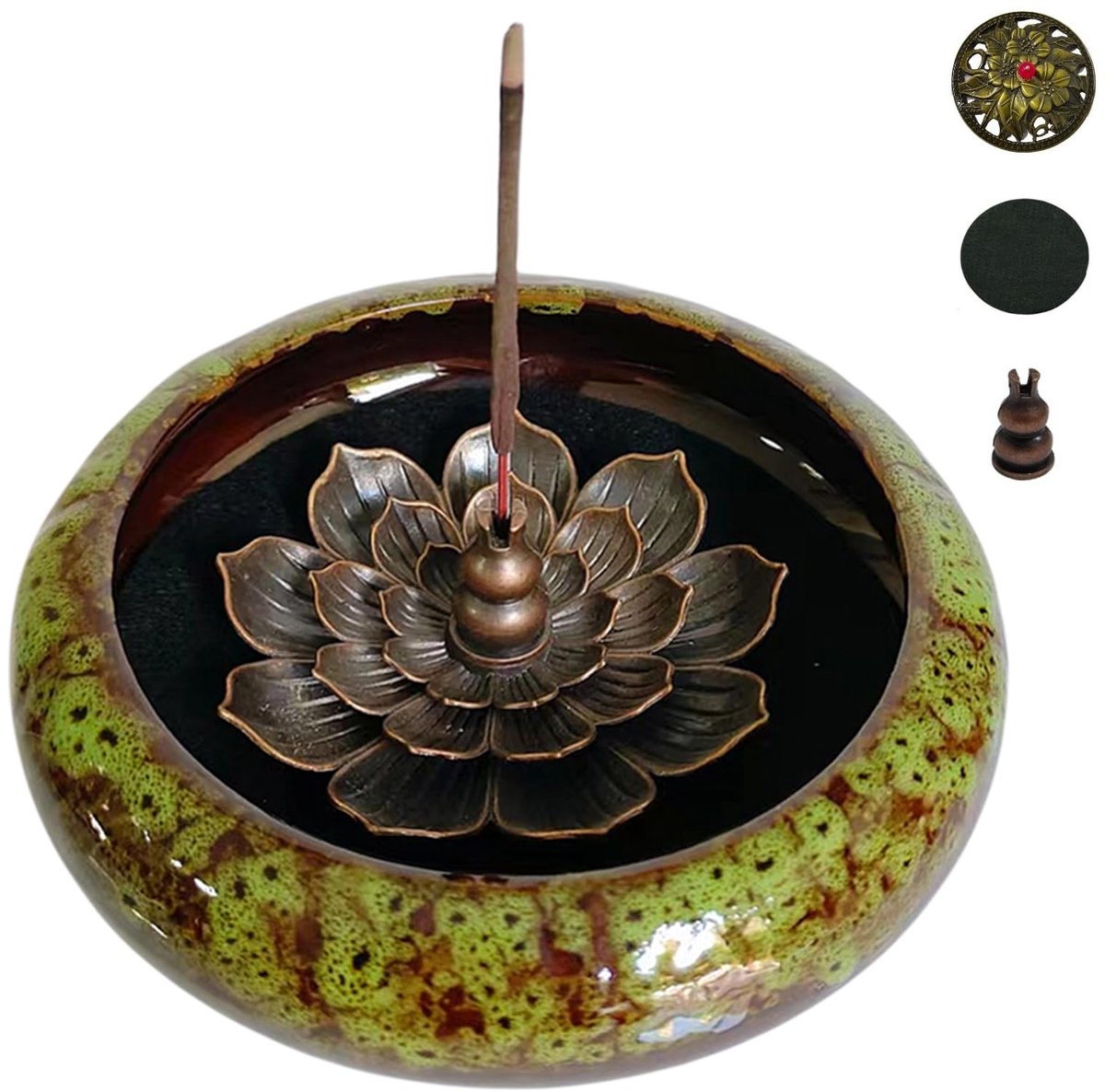 Wierookstokjeshouder Lotus Keramische Wierookbrander met Messing Kalebassen Wierookstokjeshouder en Metalen Deksel, Groen