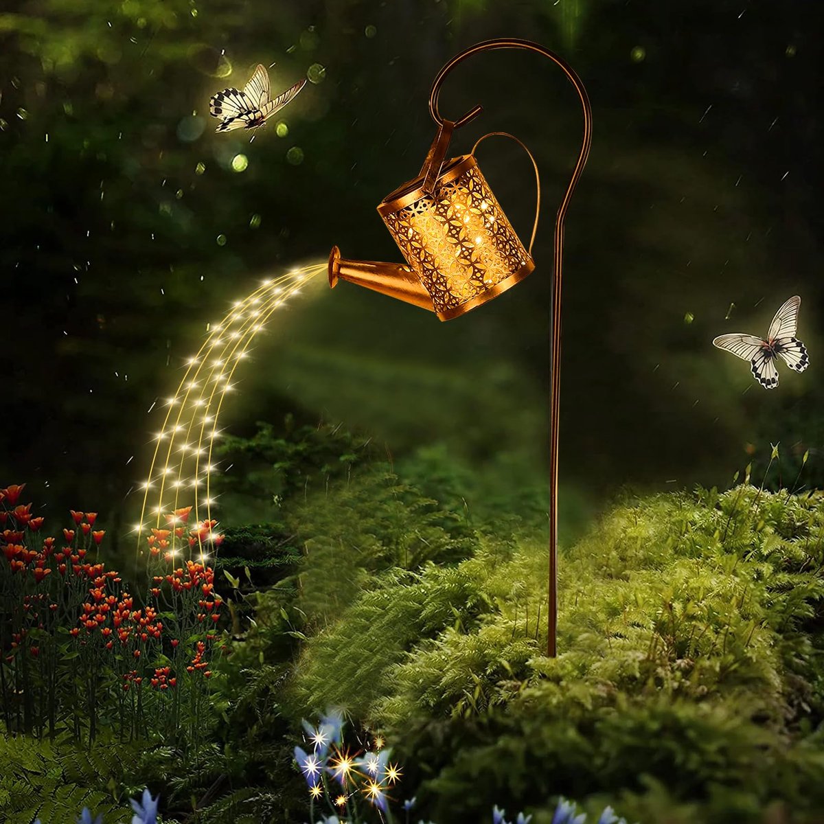 Gieter, zonne-verlichting, buitentuin, 90 leds, tuinornamenten, buitenlamp, IP65, waterdicht, grote retro metalen lichtketting met beugel voor terras, tuinpad (gieter)