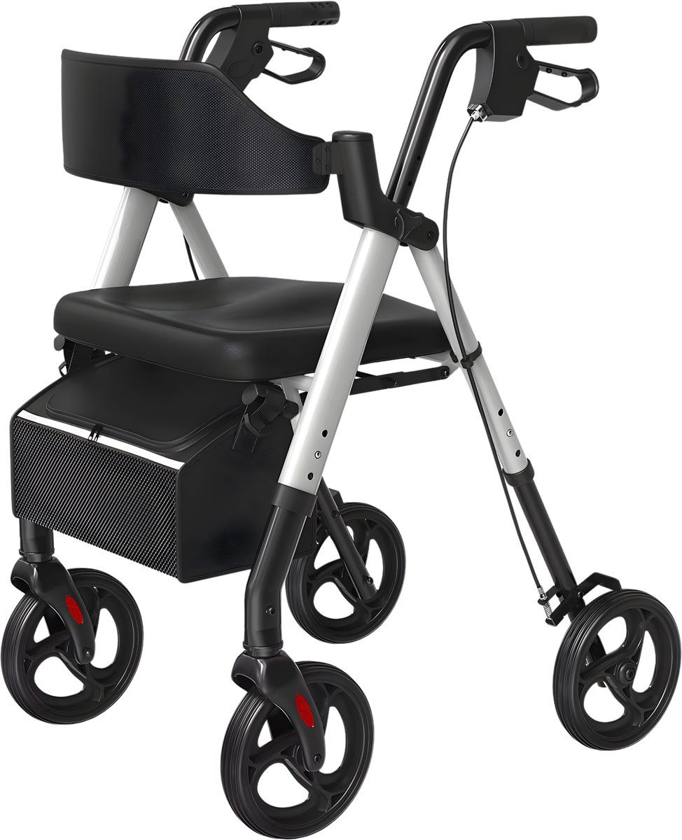 Rollator – Voor senioren – Opvouwbare rollator met stoel, duurzaam aluminium – Grote wielen 20 cm, geschikt voor iedereen, zilver