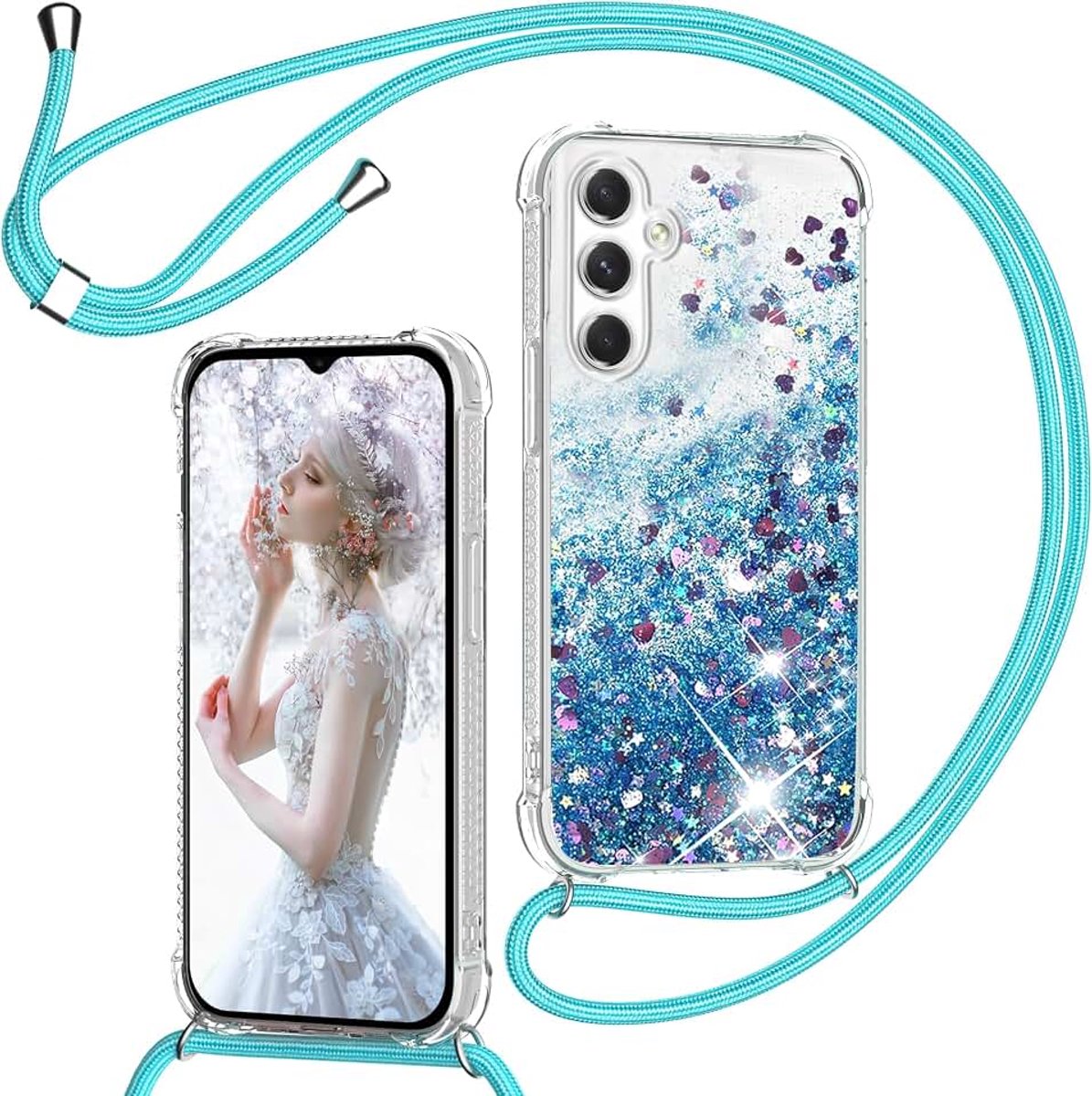 Beschermhoesje voor Samsung Galaxy A16 5G/4G met band, beschermhoes met vloeibare glitter en halsketting, transparant, ultradun, siliconen, schokbestendig, beschermhoes voor mobiele telefoon,