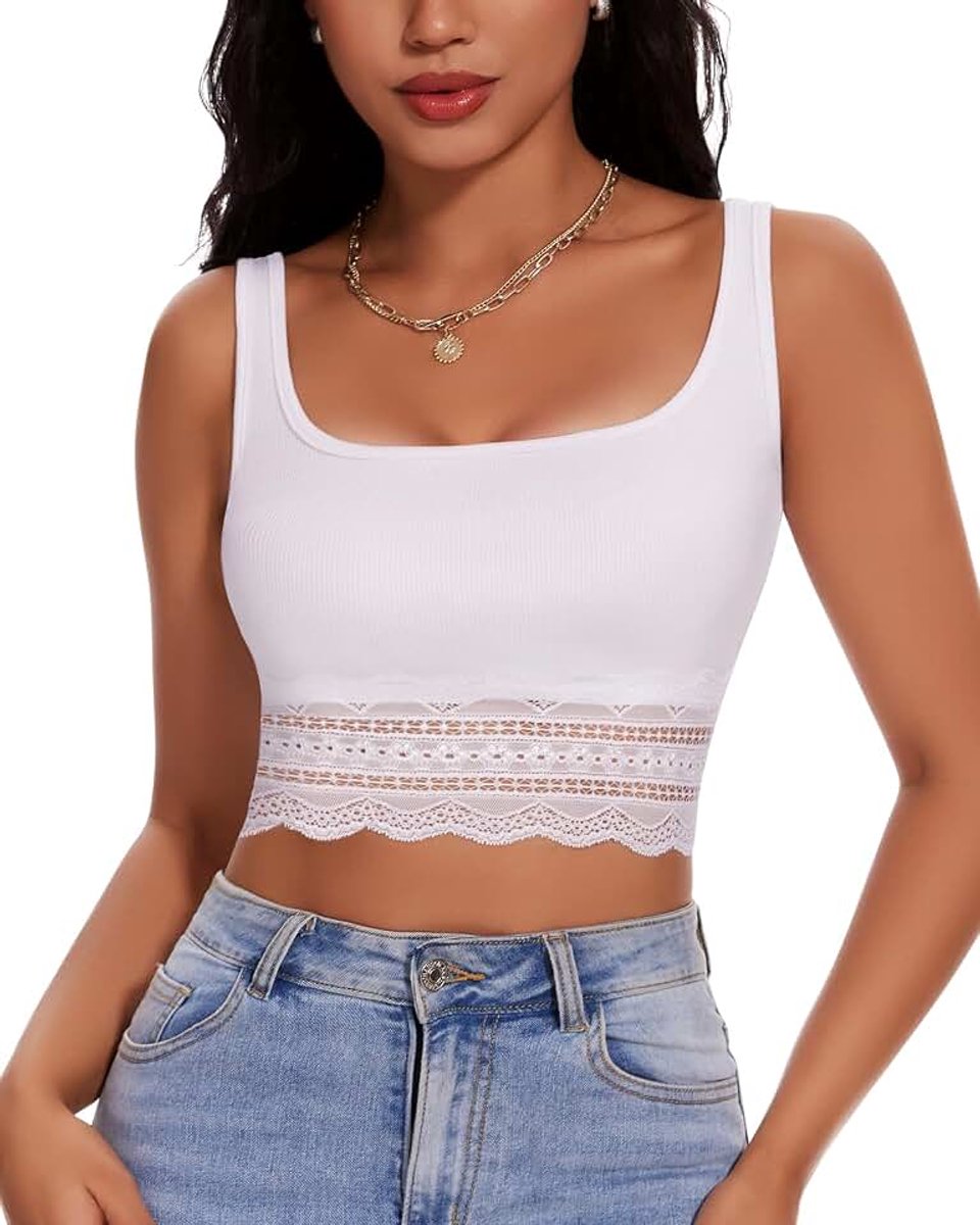 Zomerse crop tanktop voor dames, vierkant, met kant, sexy, mouwloos, geribbeld, buikvrij, kanten top, zomer-T-shirt