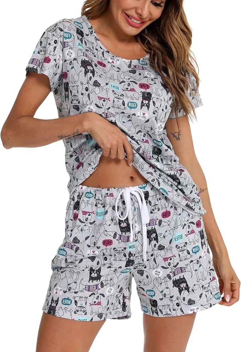 Dames Korte Pyjama Set Katoen Korte Mouw Top en Shorts Tweedelige Nachtkleding Zomer Vrijetijdspak Loungewear