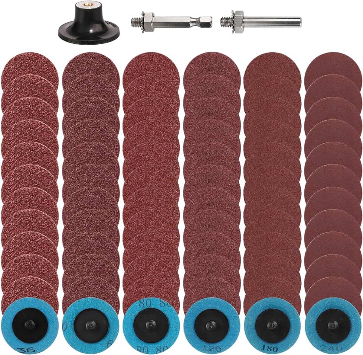 72 Stuks 50 Mm Snelle Vervanging Schuurschijven, Roloc 36/60/80/120/180/240 Korrel Schuurschijven Met 1/4" Steun, Voor Boor Roterende Slijpmachine