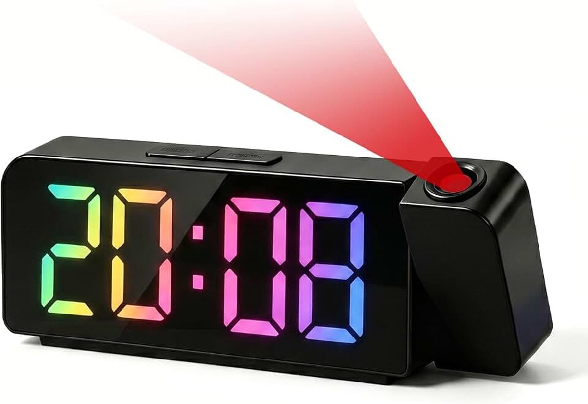 Projectiewekker Digitale Wekker met 180° Draaibare Projector, LED-Display 7 Inch met Temperatuur en Datum, Dimbaar, USB-Oplader, Voor Kantoor, Slaapkamer en Woonkamer