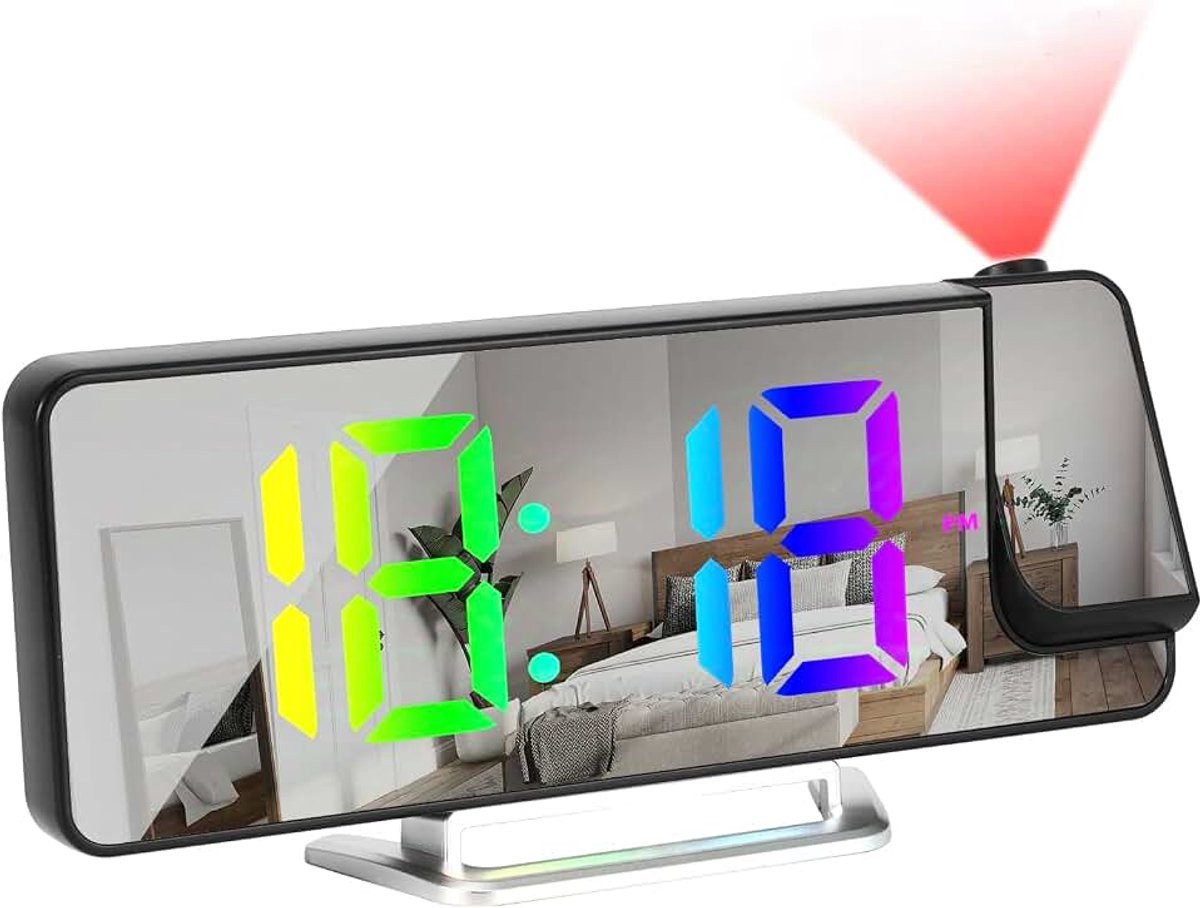 Wekker met Projectie, 8,1 Inch RGB-Kleuren, Digitaal Display, Wekker, 3 Niveaus Schermhelderheid, Projectiewekker, 180° Draaibaar, Dubbel Alarm, 12/24 Uur LED-Klok met Spiegel