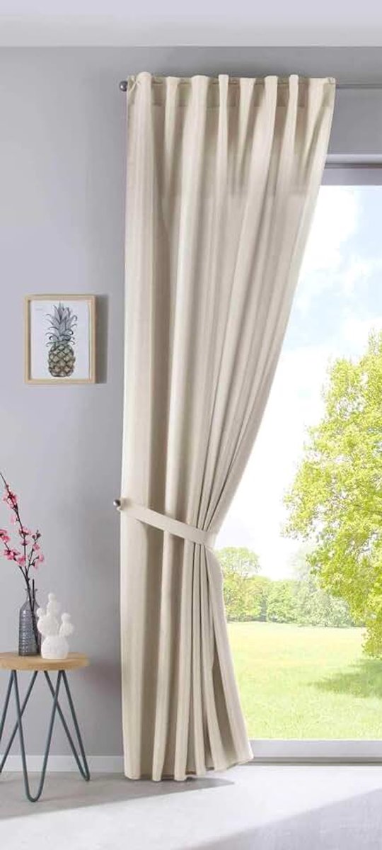 "JENA« 2019037 Verborgen lussen, ondoorzichtig, linnenlook, gordijn met gordijnhouder, 250 x 140 cm, kleur zand