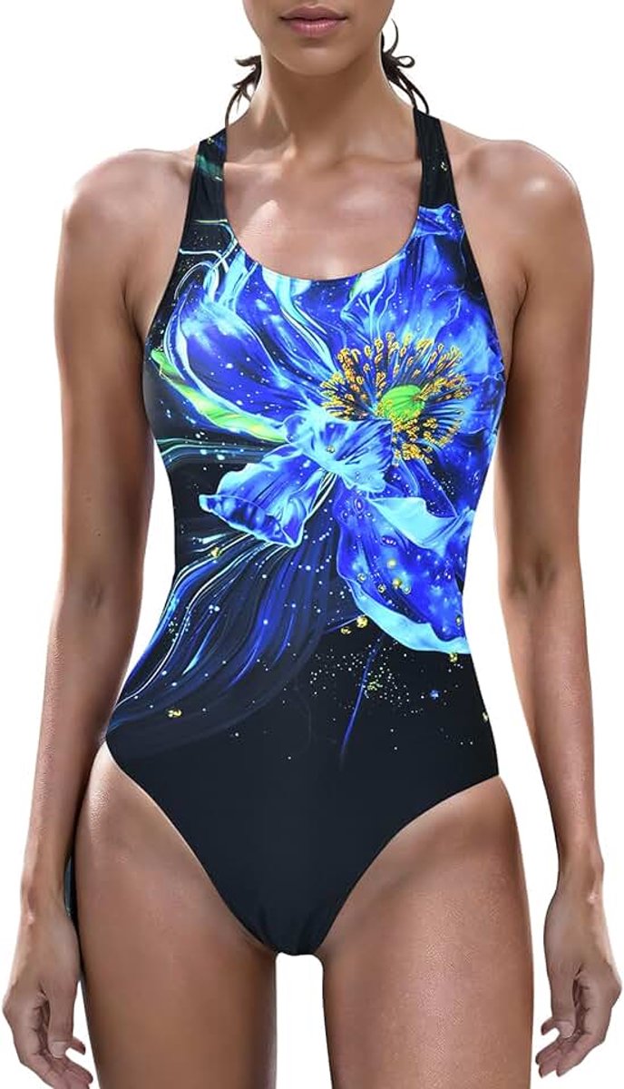 Sportbadpak voor dames, racerback, zwart, sport, badmode, ijsblauw, 44