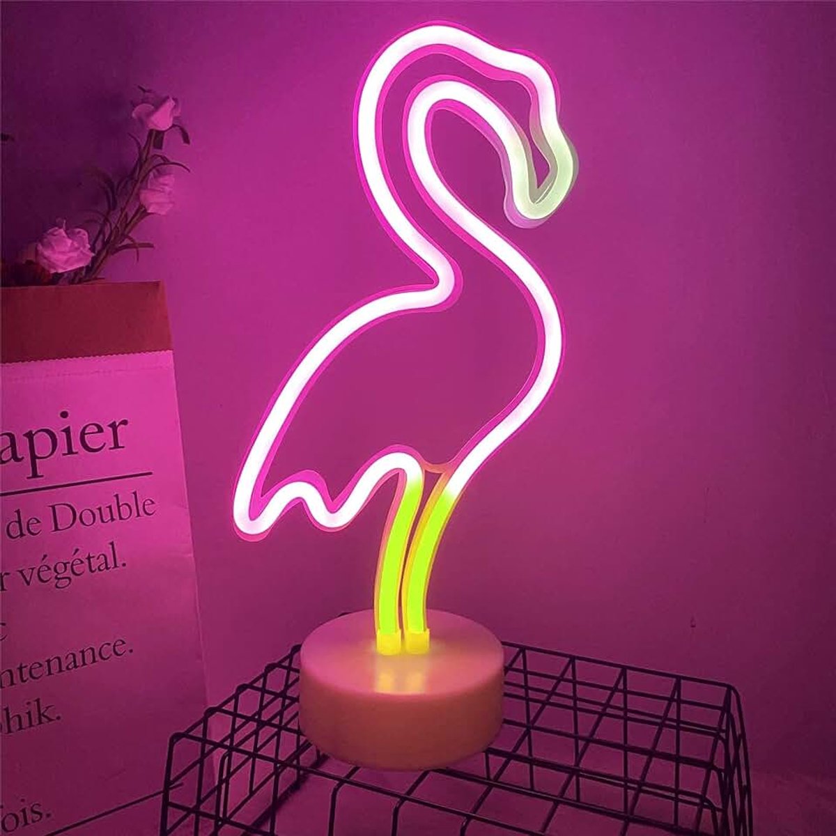 Flamingo-neonlamp met standaard, muurdecoratie, werkt op USB of batterijen, voor festival, feest, Kerstmis