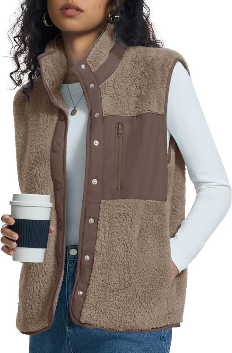 Fleece gilet voor vrouwen, UK button down dames gilet opstaande kraag mouwloos jack met zakken S-XL