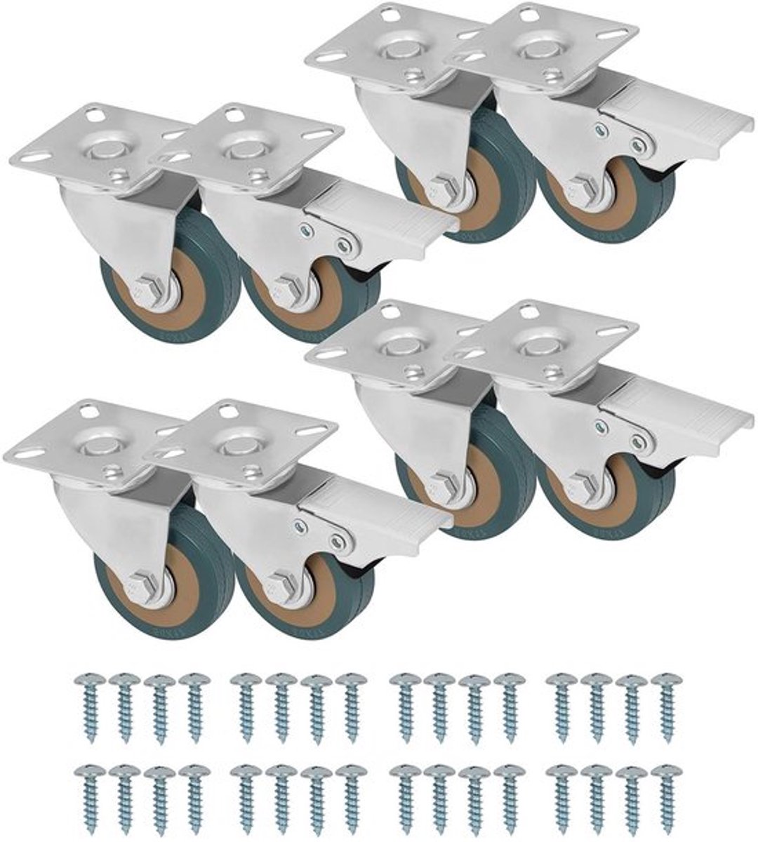 Zware Kwaliteit Zwenk Meubel Wielen - 50 mm Rubberen Wielen - Schroeven - Wiel Rem - Metalen Platen - Trolleys - Industrieel Gebruik - Meubel Plaatsing